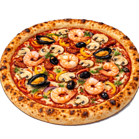 Pizza fruits de mer sauce tomate avec crevettes moules mozzarella tomates séchées poivrons champignons aneth