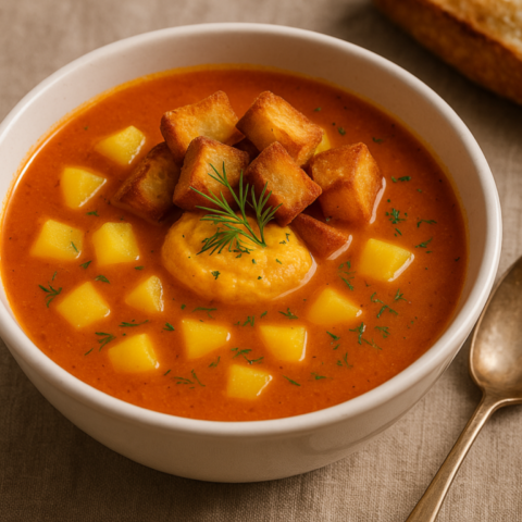 Soupe de poisson frais avec croûtons dorés et rouille maison Bol de soupe de poisson frais fumante, accompagné de croûtons dorés et d’une rouille maison, plat du jour fait maison et livré chaud
