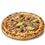 Pizza Soleil Noir – thon, anchois, olives noires et câpres – livraison Miamza Lutterbach, Pfastatt, Richwiller.