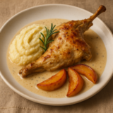 Plat du jour : lapin mijoté au bouillon infusé au coing, miel et épices douces, servi avec une purée de panais à la vanille, fait maison et livré chaud